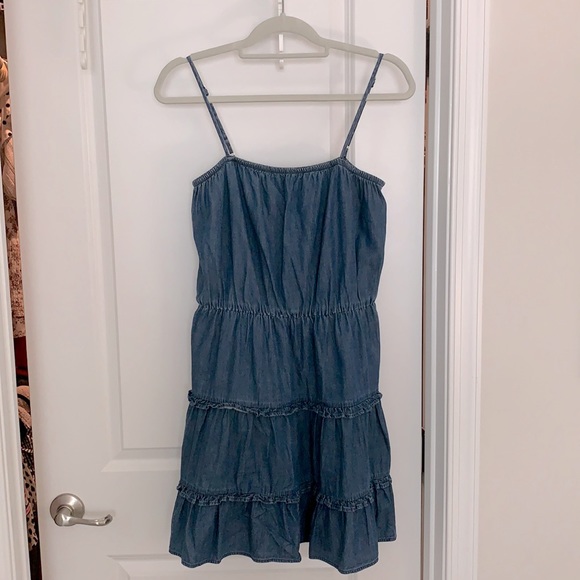 Express Dresses & Skirts - EXPRESS | Denim Square Neck Tiered Mini Dress